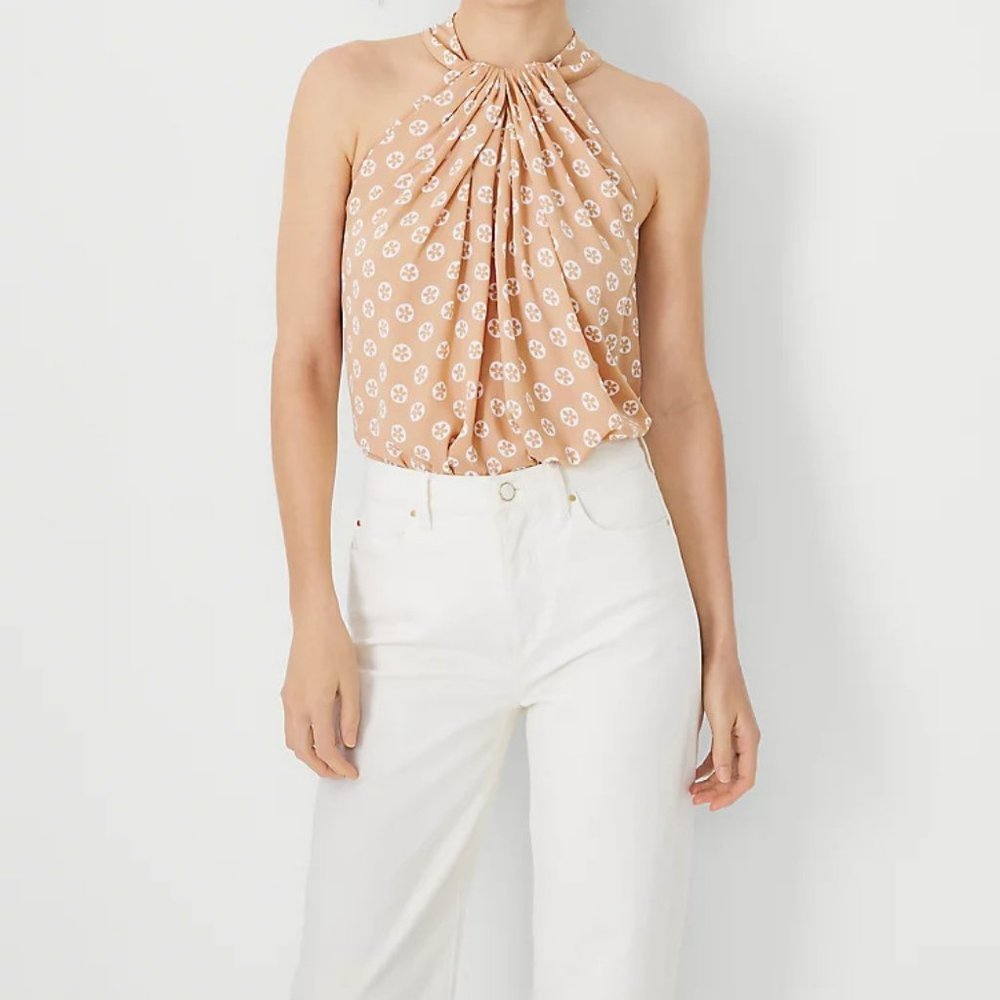 Ann Taylor Floral Mixed Media Draped Halter Top, OP